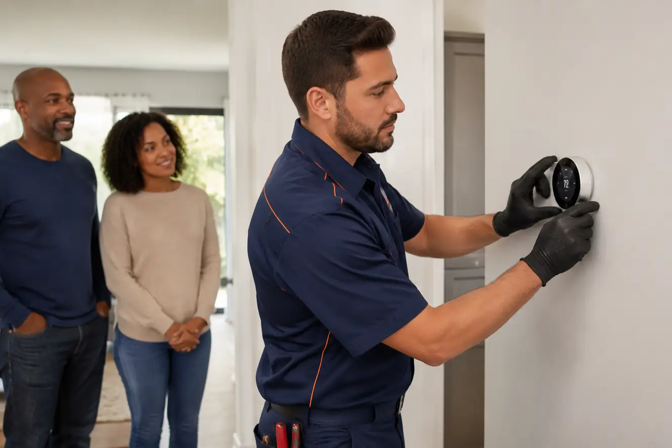 HVAC technician speaking with a homeowner near a heating system